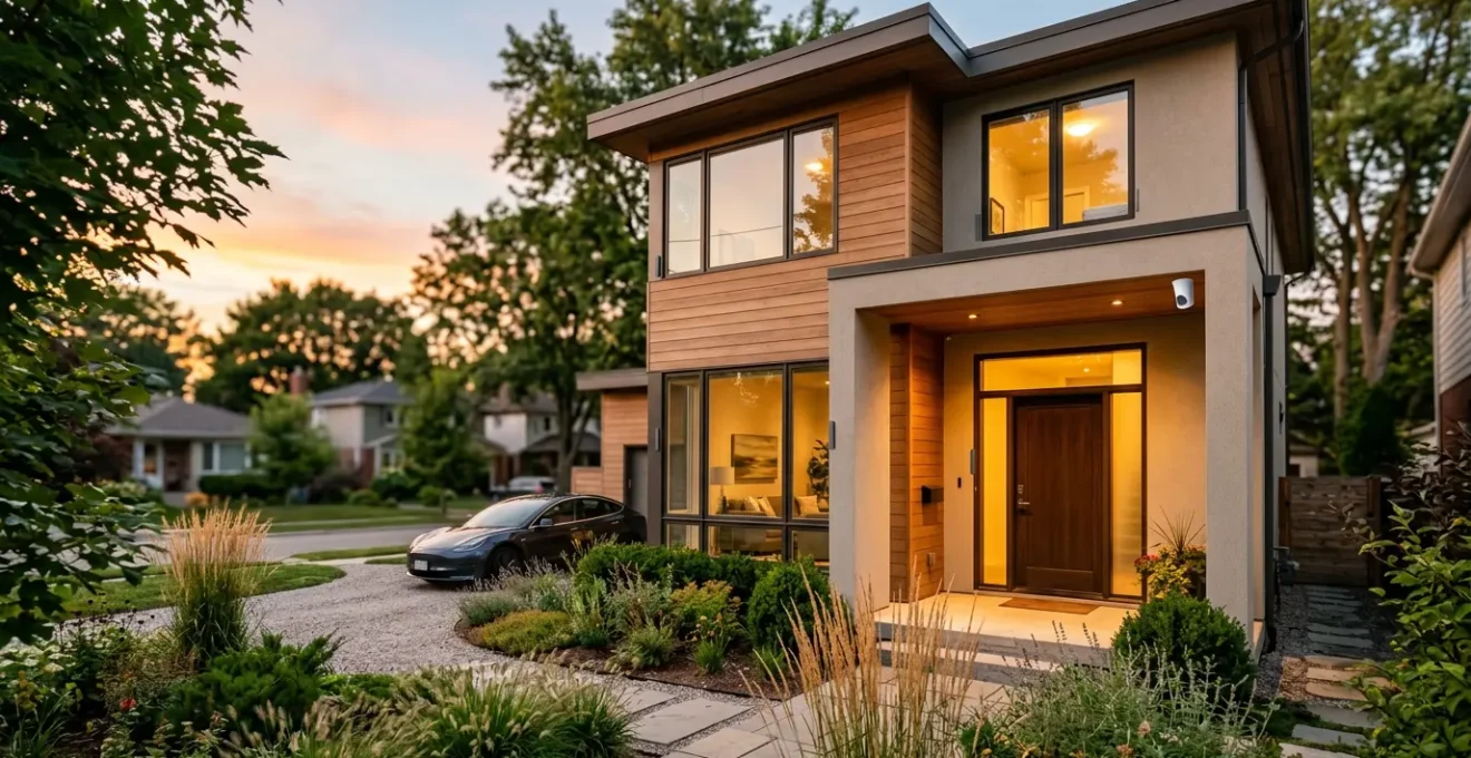 Maison moderne équipée d'un système d'alarme sans fil avec capteurs discrets et éléments de sécurité intégrés