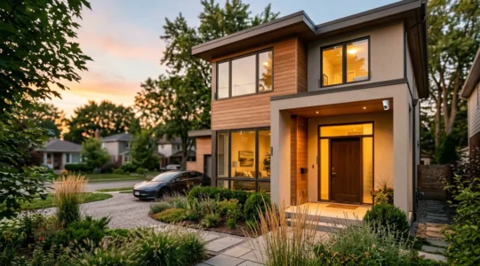 Maison moderne équipée d'un système d'alarme sans fil avec capteurs discrets et éléments de sécurité intégrés