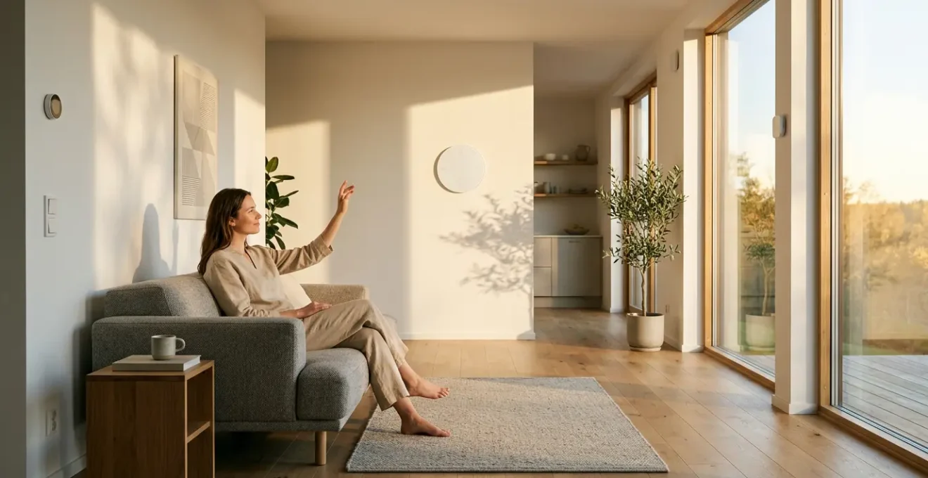 Interface visuelle de programmation domotique avec blocs connectés et ambiance maison intelligente