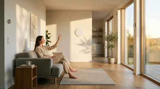 Interface visuelle de programmation domotique avec blocs connectés et ambiance maison intelligente