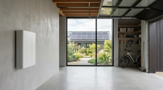Batterie domestique moderne installée dans garage avec panneaux solaires visibles