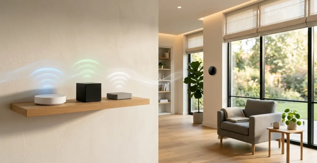 Plusieurs box domotiques modernes dans un salon connecté avec différents protocoles sans fil visibles