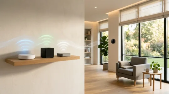 Plusieurs box domotiques modernes dans un salon connecté avec différents protocoles sans fil visibles