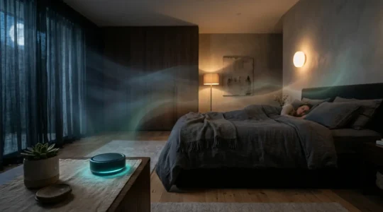 Capteur de CO2 moderne dans une chambre à coucher montrant l'évolution du taux de dioxyde de carbone pendant la nuit
