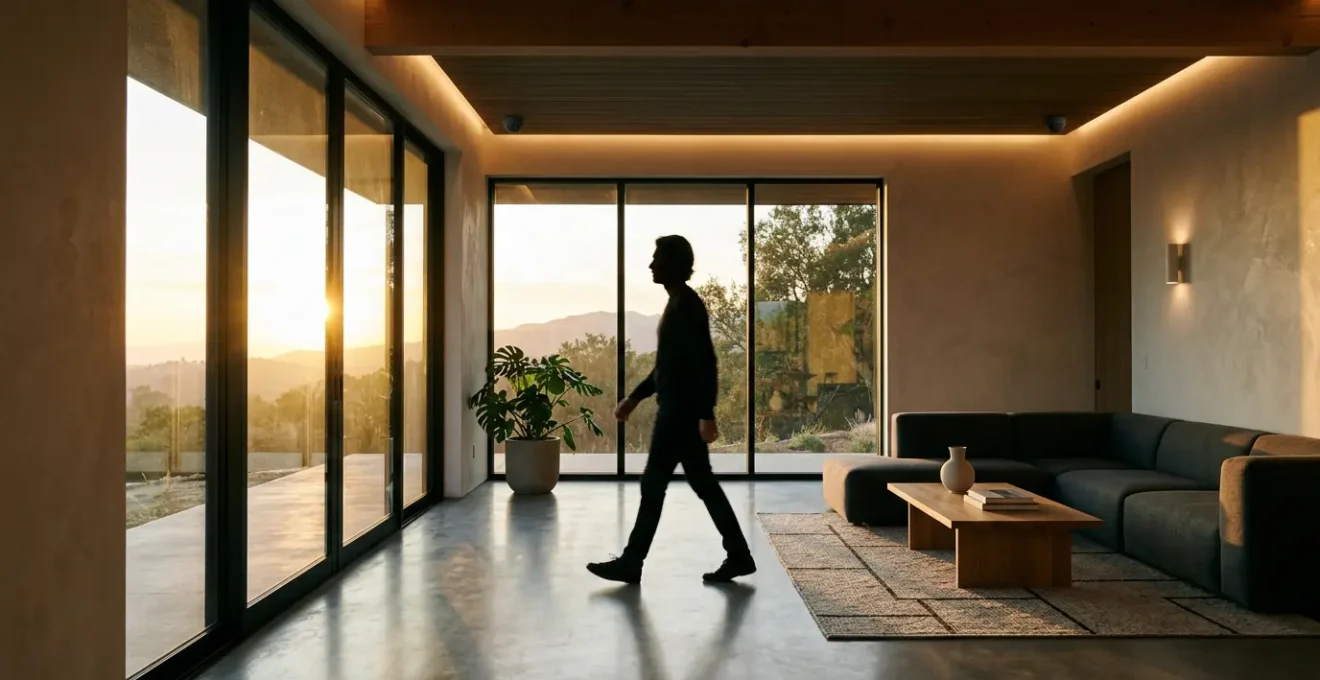 Système de détection de mouvement intégré dans un salon moderne avec éclairage automatique et interface de contrôle domotique