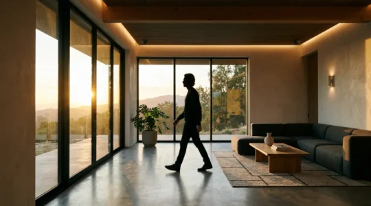 Système de détection de mouvement intégré dans un salon moderne avec éclairage automatique et interface de contrôle domotique