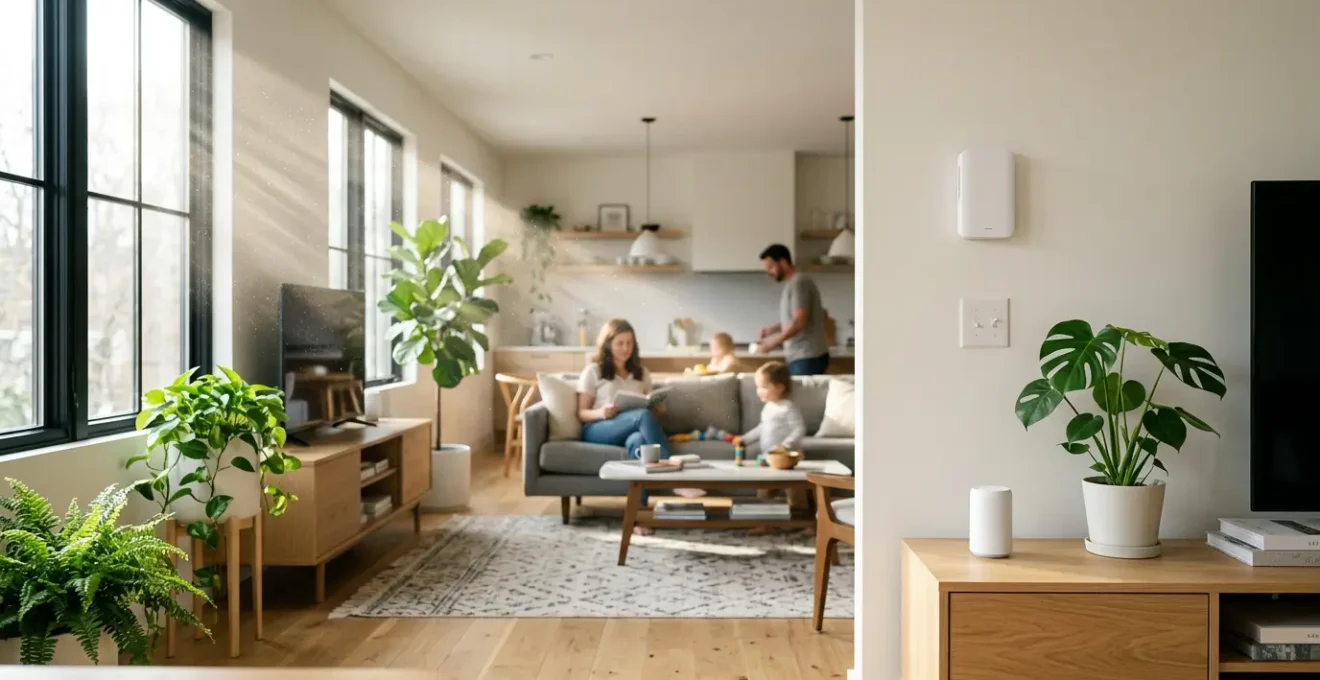 Intérieur de maison moderne avec capteurs de qualité d'air visibles et famille en arrière-plan