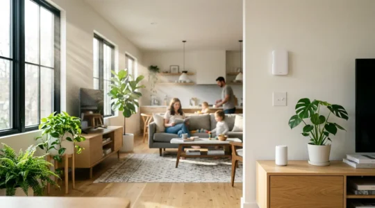 Intérieur de maison moderne avec capteurs de qualité d'air visibles et famille en arrière-plan