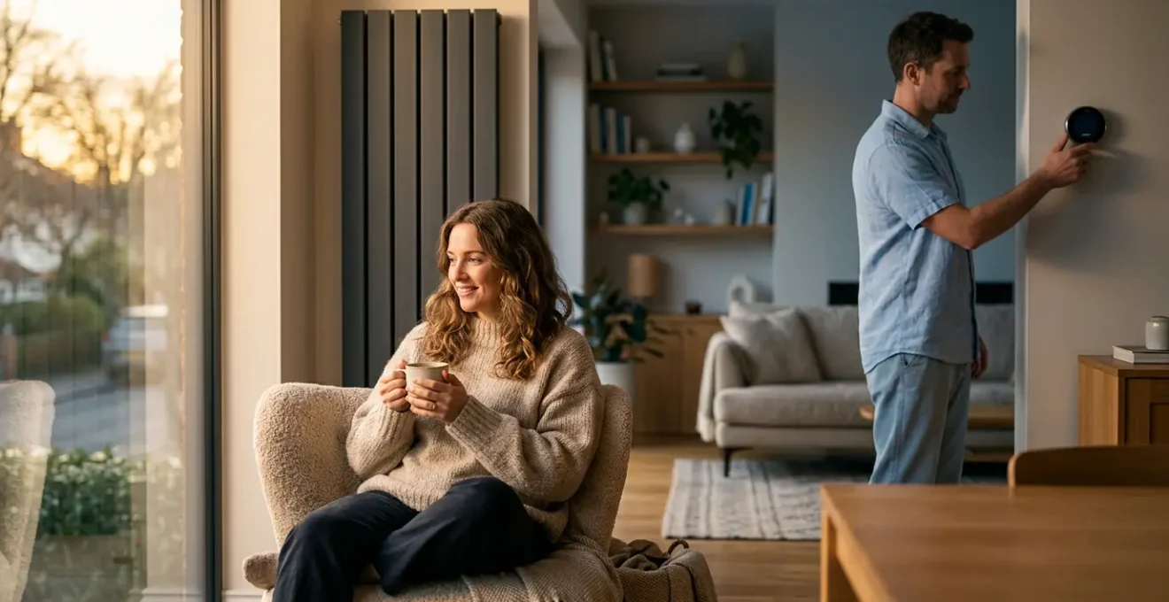 Famille dans un salon moderne avec différentes zones de confort thermique