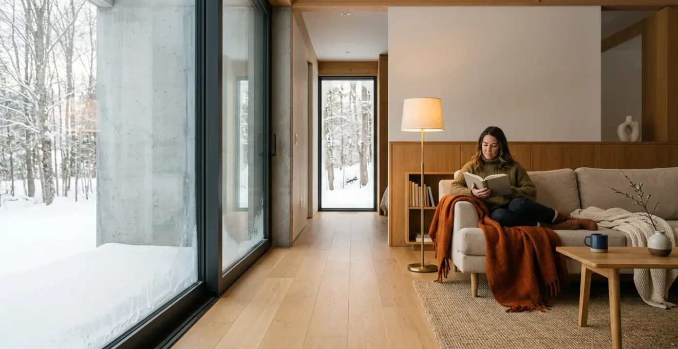 Intérieur de maison moderne montrant le contraste entre un mur froid et la chaleur ambiante