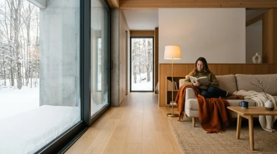 Intérieur de maison moderne montrant le contraste entre un mur froid et la chaleur ambiante