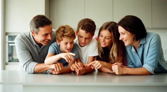Une famille dans une cuisine moderne regardant ensemble un écran de suivi énergétique