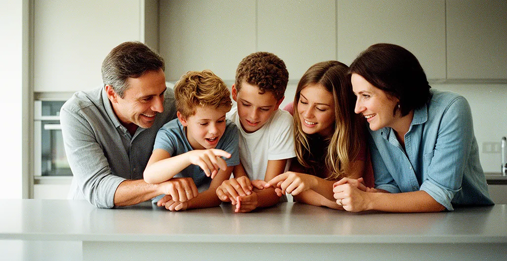 Une famille dans une cuisine moderne regardant ensemble un écran de suivi énergétique