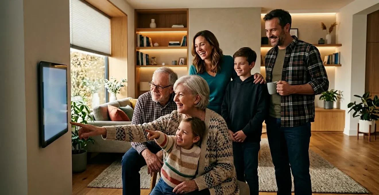 Famille multigénérationnelle utilisant intuitivement une interface domotique sur tablette dans un salon chaleureux