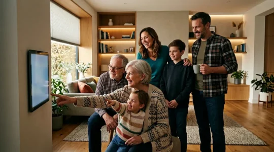 Famille multigénérationnelle utilisant intuitivement une interface domotique sur tablette dans un salon chaleureux