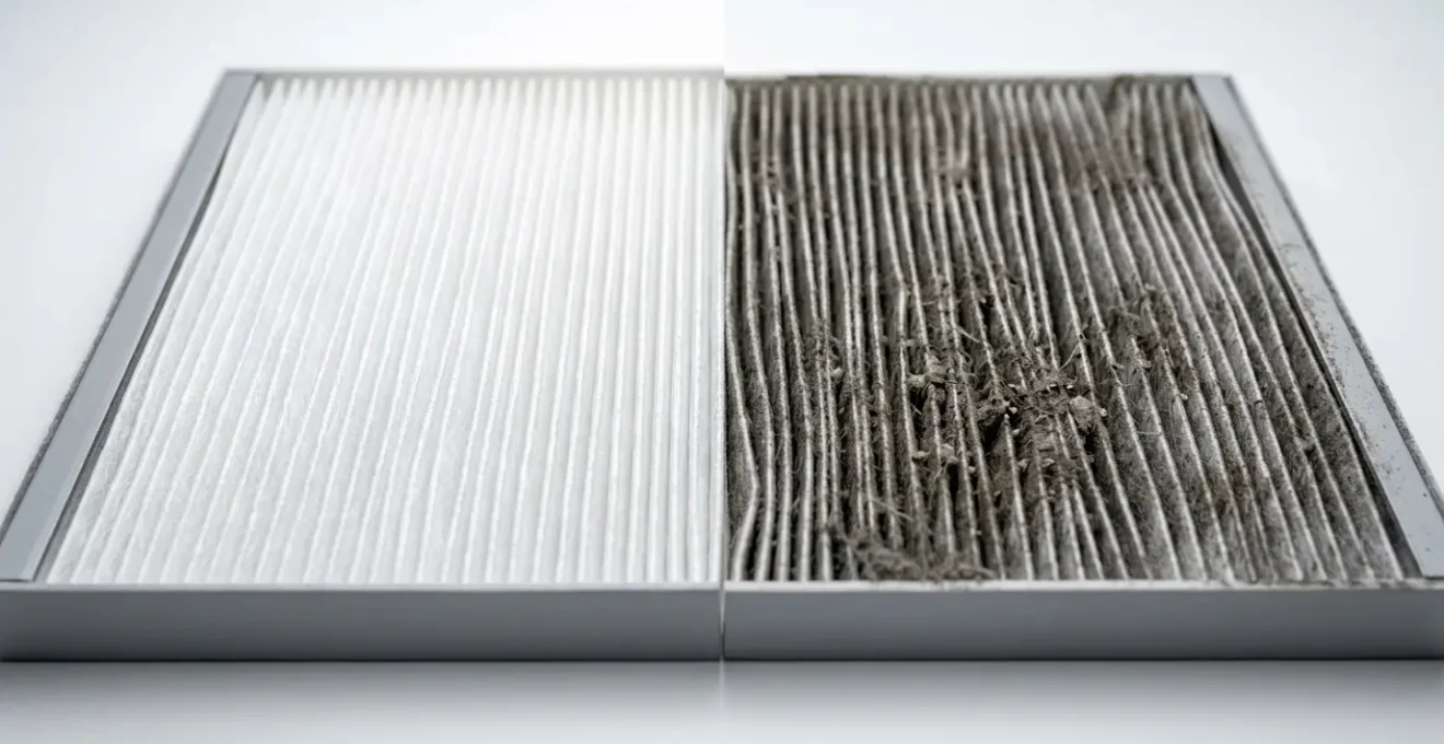 Filtre de VMC double flux encrassé et filtre neuf côte à côte avec particules visibles dans un environnement intérieur moderne
