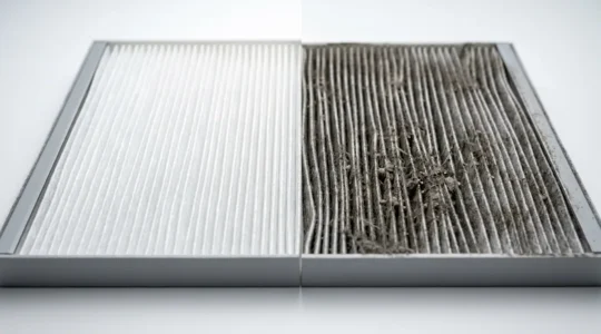 Filtre de VMC double flux encrassé et filtre neuf côte à côte avec particules visibles dans un environnement intérieur moderne