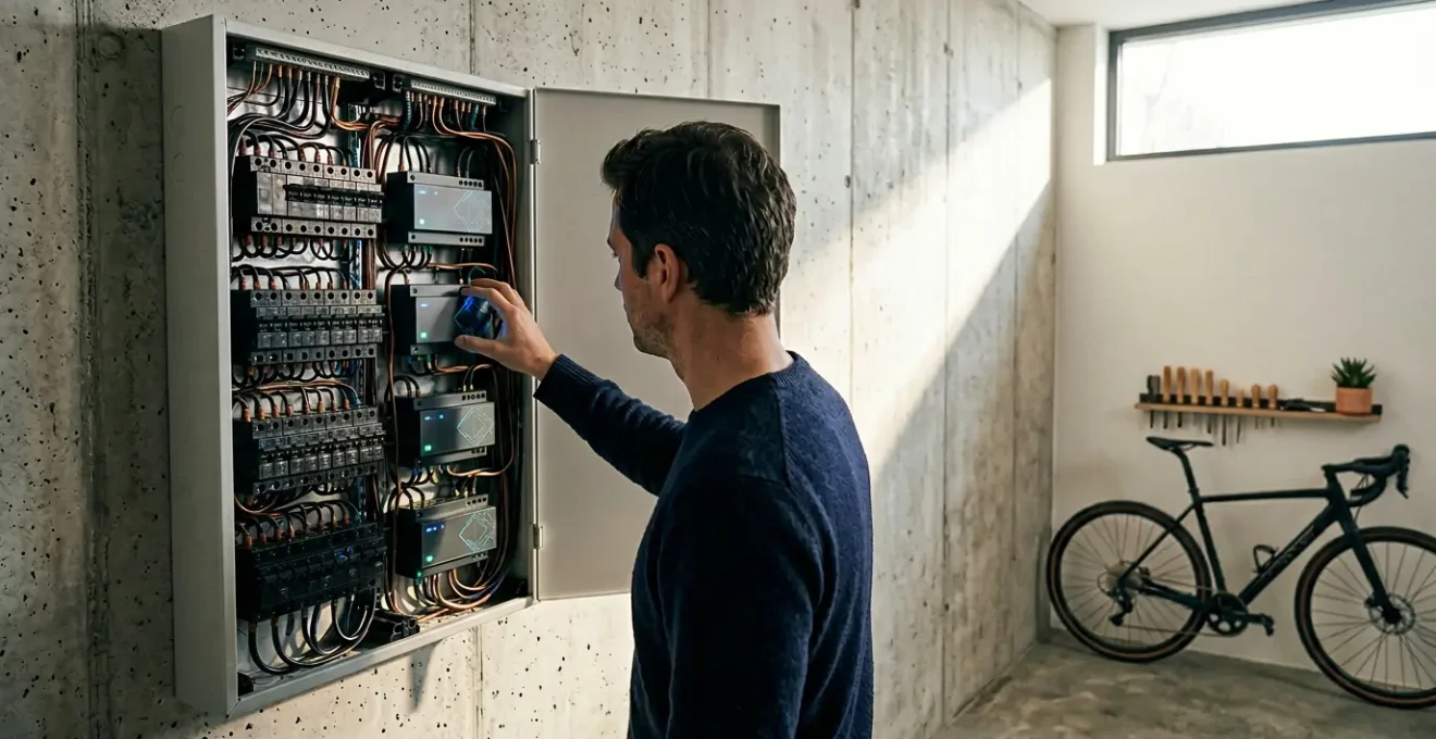 Tableau électrique moderne avec modules de gestion intelligente et compteur connecté dans un intérieur de maison
