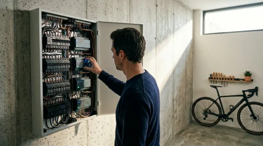 Tableau électrique moderne avec modules de gestion intelligente et compteur connecté dans un intérieur de maison