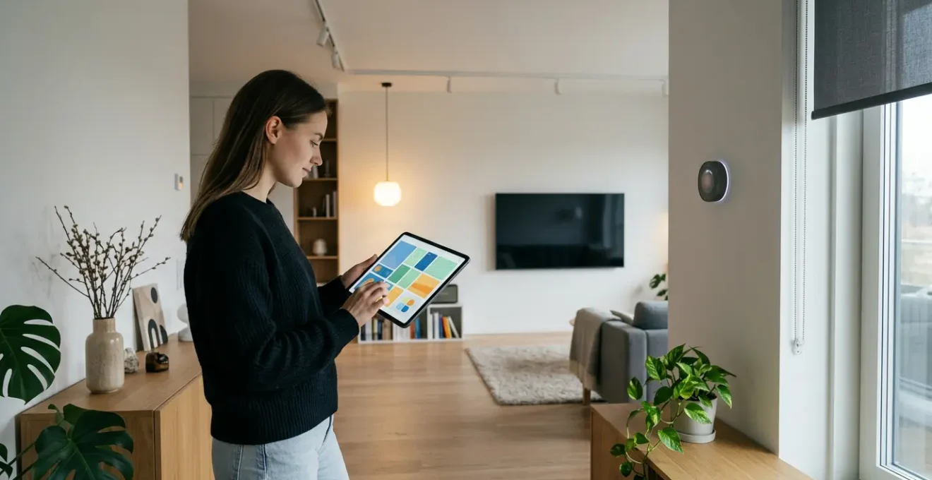 Salon moderne avec tablette centrale contrôlant différents appareils connectés de la maison