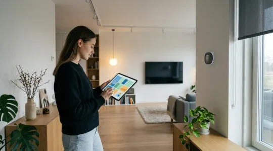 Salon moderne avec tablette centrale contrôlant différents appareils connectés de la maison
