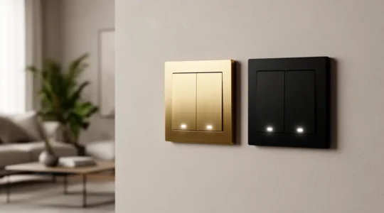 Système domotique avec micromodules intégrés derrière des interrupteurs de luxe dans un intérieur moderne