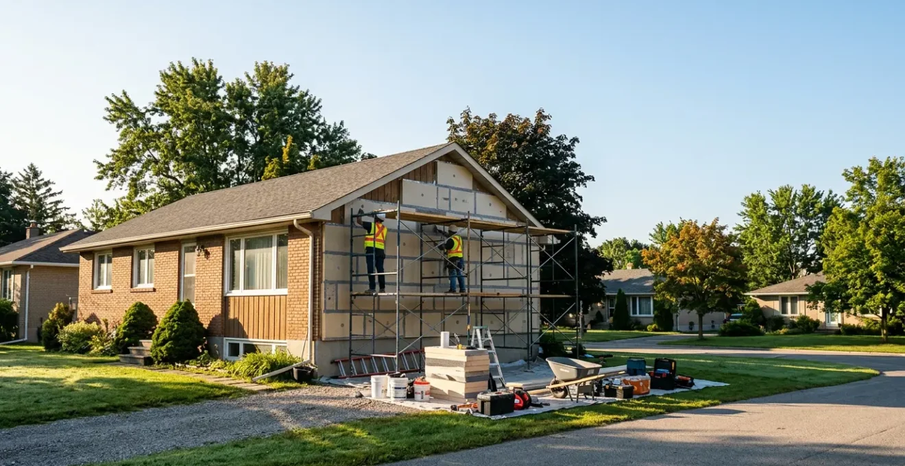 Vue extérieure d'une maison typique des années 1970 en cours de rénovation énergétique avec échafaudage et isolant visible