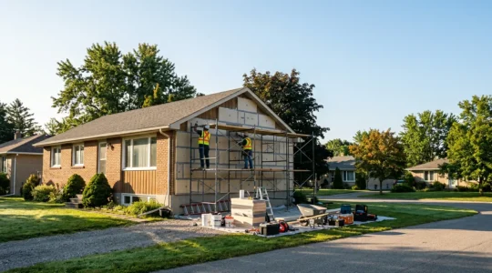 Vue extérieure d'une maison typique des années 1970 en cours de rénovation énergétique avec échafaudage et isolant visible