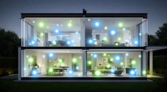 Infrastructure réseau intelligente dans une maison moderne sur deux étages avec maillage Wi-Fi et capteurs connectés