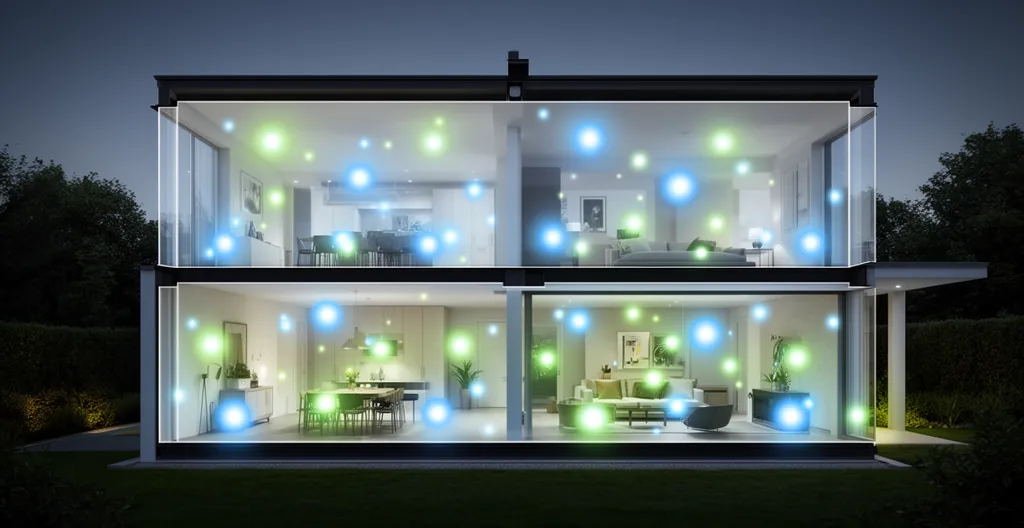 Infrastructure réseau intelligente dans une maison moderne sur deux étages avec maillage Wi-Fi et capteurs connectés