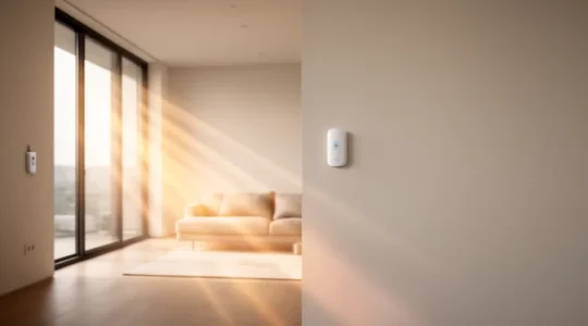 Intérieur moderne avec capteurs de température et d'humidité visibles, ambiance chaleureuse et confortable