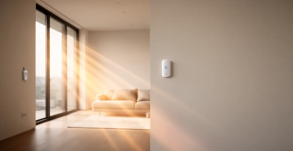 Intérieur moderne avec capteurs de température et d'humidité visibles, ambiance chaleureuse et confortable