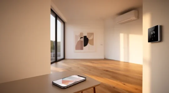 Vue moderne d'une maison avec système de climatisation intelligent et pompe à chaleur connectée