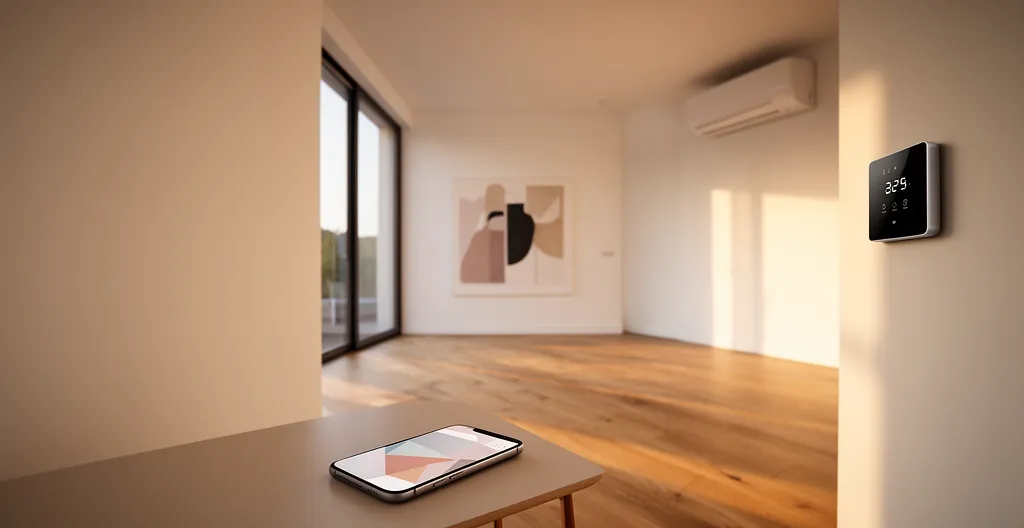 Vue moderne d'une maison avec système de climatisation intelligent et pompe à chaleur connectée