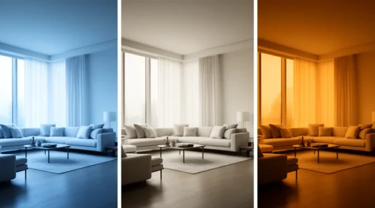 Salon moderne avec système d'éclairage intelligent à différents moments de la journée