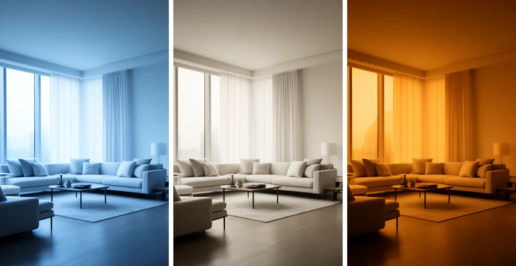 Salon moderne avec système d'éclairage intelligent à différents moments de la journée