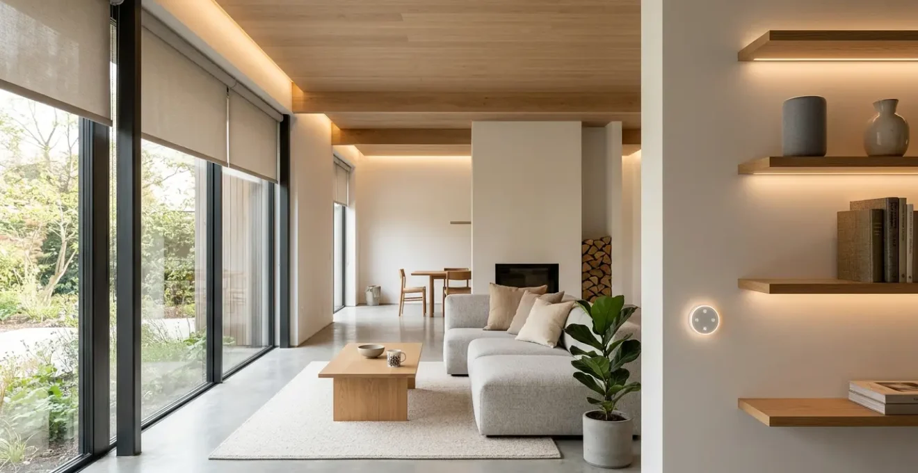 Vue d'ensemble d'un salon moderne avec éclairage ambiant automatisé et dispositifs connectés intégrés harmonieusement dans l'espace de vie