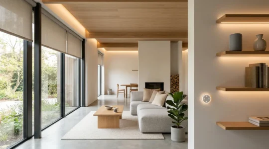 Vue d'ensemble d'un salon moderne avec éclairage ambiant automatisé et dispositifs connectés intégrés harmonieusement dans l'espace de vie