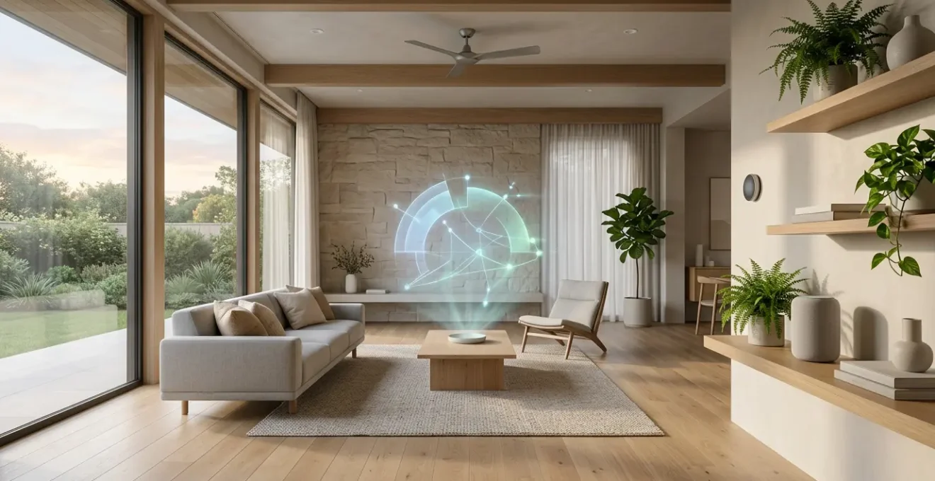Intérieur moderne d'une maison intelligente avec interface holographique montrant les données énergétiques en temps réel