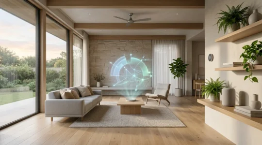 Intérieur moderne d'une maison intelligente avec interface holographique montrant les données énergétiques en temps réel
