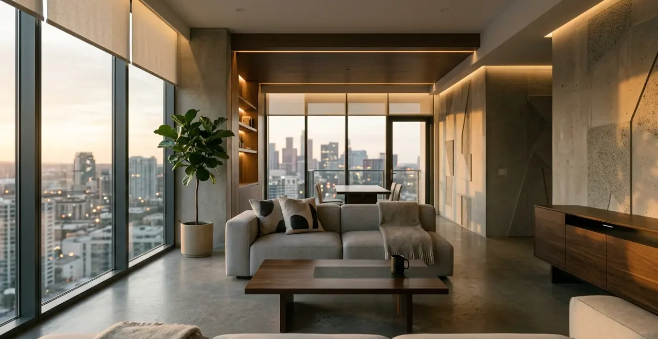 Salon moderne avec éclairage intelligent et dispositifs connectés visibles créant une ambiance chaleureuse