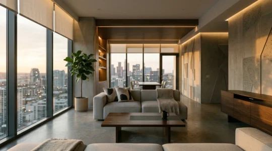 Salon moderne avec éclairage intelligent et dispositifs connectés visibles créant une ambiance chaleureuse