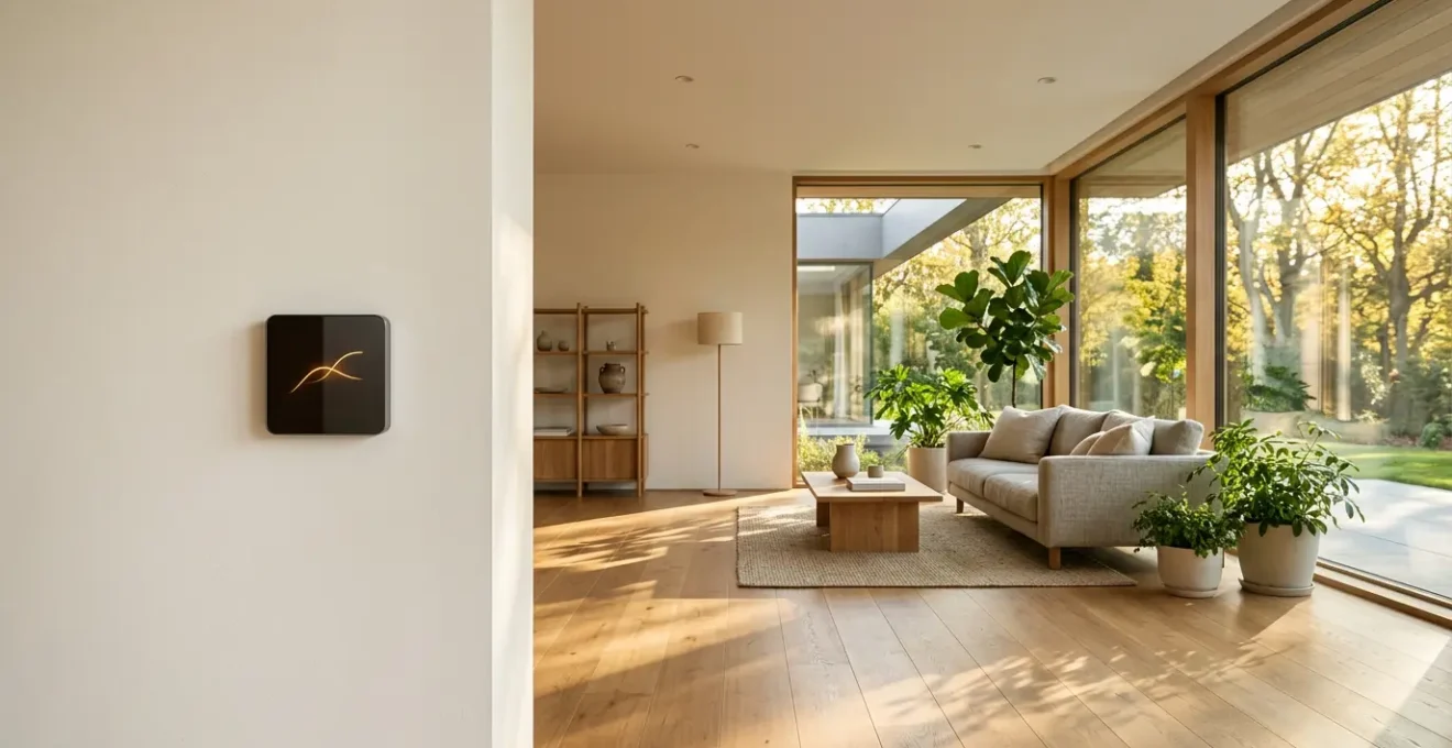 Maison moderne connectée avec données énergétiques flottantes et atmosphère chaleureuse