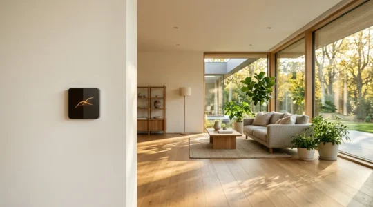 Maison moderne connectée avec données énergétiques flottantes et atmosphère chaleureuse