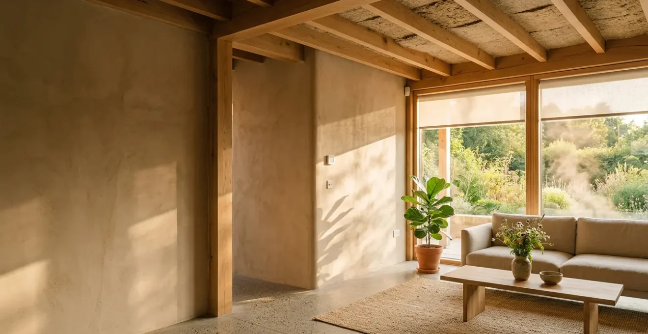 Vue intérieure d'une maison moderne avec isolation biosourcée visible, capteurs connectés et ambiance estivale confortable