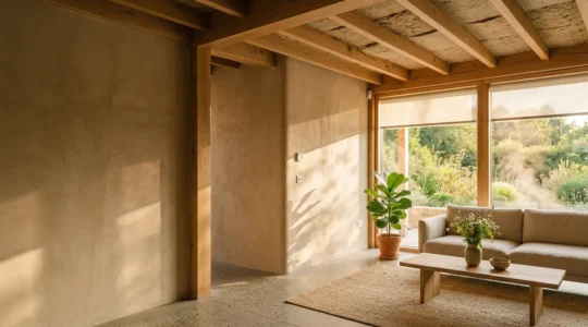 Vue intérieure d'une maison moderne avec isolation biosourcée visible, capteurs connectés et ambiance estivale confortable