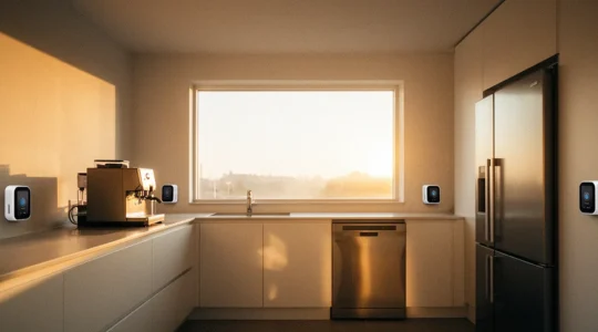 Cuisine moderne avec électroménagers et prises connectées intégrées discrètement