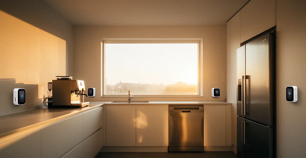 Cuisine moderne avec électroménagers et prises connectées intégrées discrètement