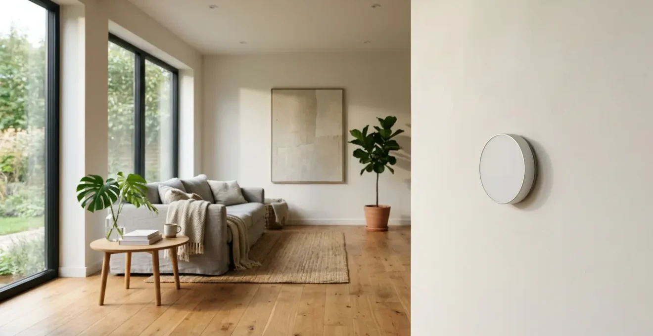 Intérieur moderne avec thermostat connecté mural et ambiance chaleureuse
