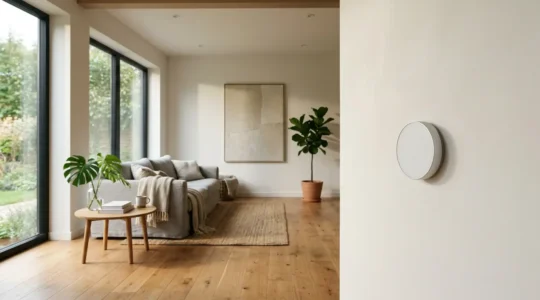 Intérieur moderne avec thermostat connecté mural et ambiance chaleureuse